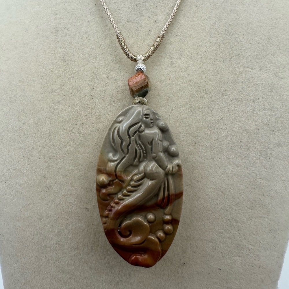 Polychrome Jasper Oval Mermaid Carving Pendant on Adjustable Rope with Silver - Picture 8 of 12